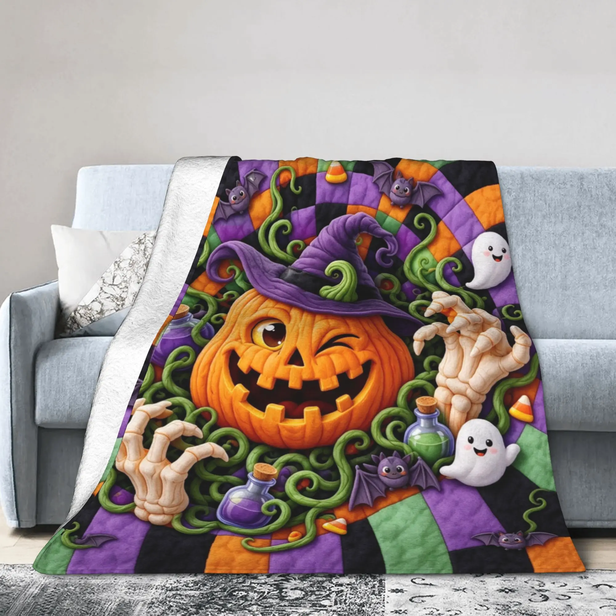 3D Illusion Halloween Flannel Throw Blankets Ghost Pumpkin Wink Blankets for Sofa Bedroom Super Warm Bedroom Quilt