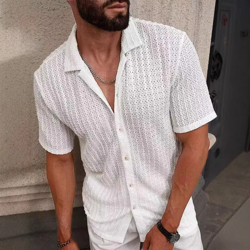 

European and American Men's Casual Knitted Shirt Men's Summer New Solid Color Lapel Hollow Breathable Men's Short-sleeved Top