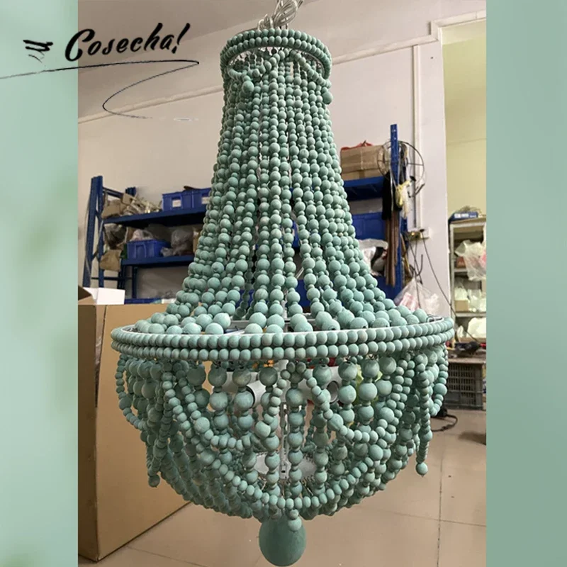 Retro Green Bohemia Wooden Beads Chandelier American Modern Rustic Farmhouse Chandelier For Living Room Bedroom Kitchen Villa