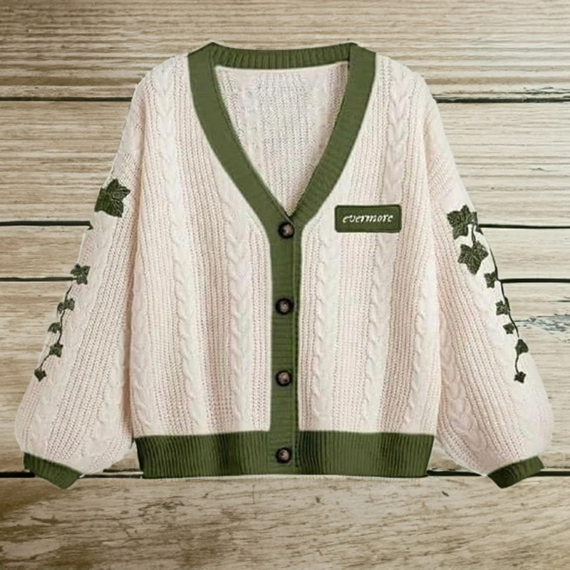 Evermore Cardigan Taylor Version Green Vine Embroidered Cable Knitted Sweater Cardigan Fall Winter Vintage Outfit