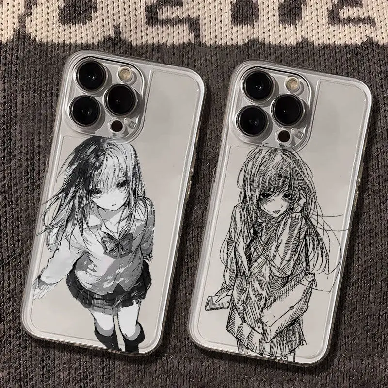 

Japanese Korean Line Girl Phone Case For iPhone 16 Pro Max 15 14 13 12 11 Pro Max X XS XR 7 8 Plus Y2K Cute Cover