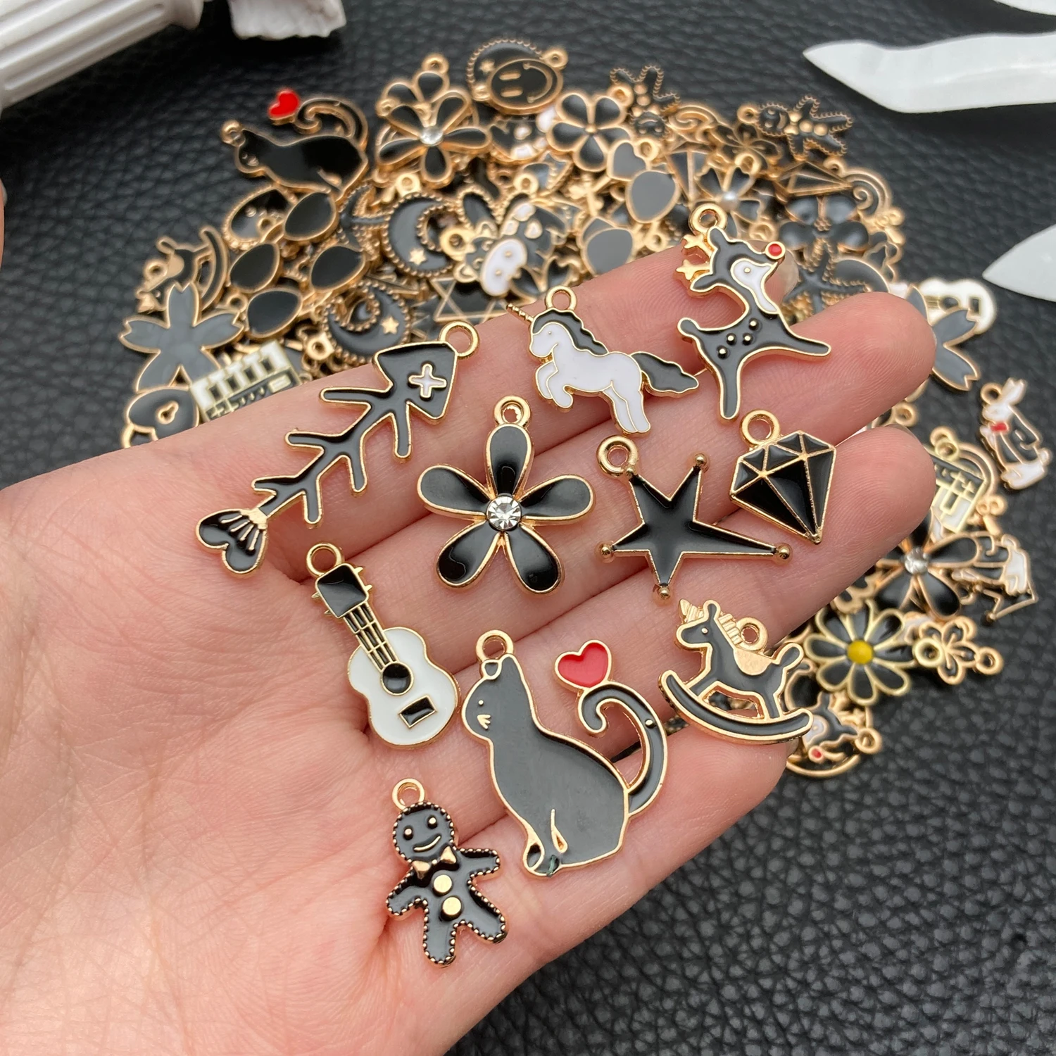 Mixed Black Gold Enamel Charms Bulk - 20/50/100Pcs Assorted Animal Flower Guitar Pendants for DIY Jewelry Making