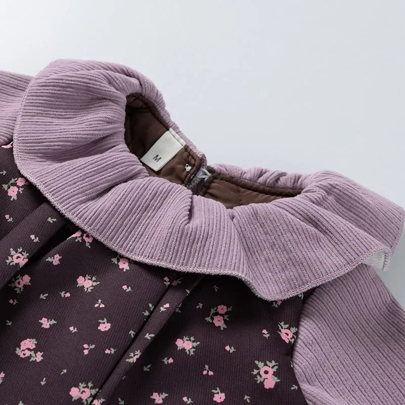Kids Dress Girls Baby Autumn Winter Print Corduroy Floral Purple kawaii Thick Cotton Fake two-piece set Birthday Princess Clothe