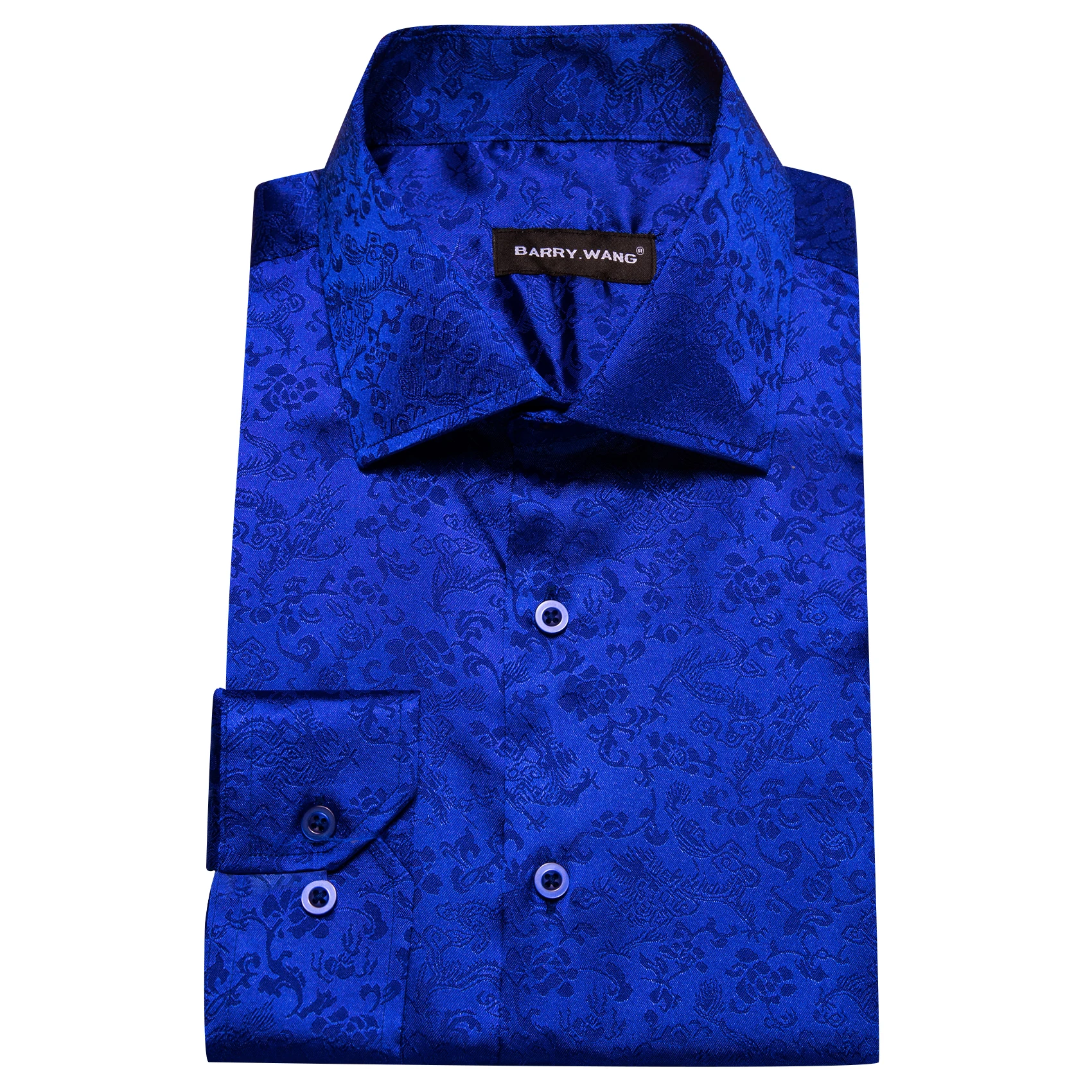 Luxury Shirts for Men Silk Satin Long Sleeve Royal Blue Flower Male Blouses Casual Lapel Tops Breathable Streetwear Barry Wang