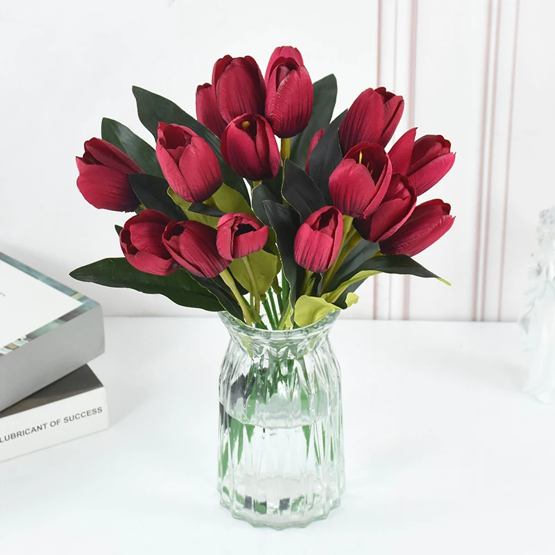 

1 Bunch 9 Heads Wine Red Tulip Artificial Flower For Wedding Party Decoration Home Decor Fake Flower Table Bouquet Ornament