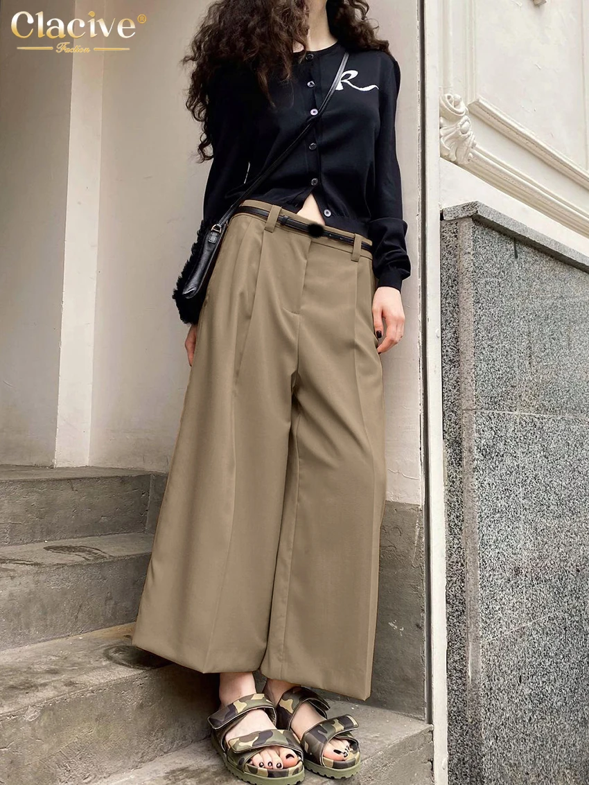 Clacive Fashion Loose Brown Women\'s Pants 2025 Casual High Waist Calf Length Trousers Elegant Classic Pants Female Clothing