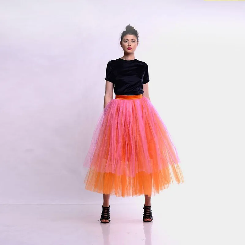 Mix Color Women Skirt  Pink And Orange  Skirts For Lady To Birthday Party Elastic Waistband Saias Wedding Guest Tulle Skirt 2023