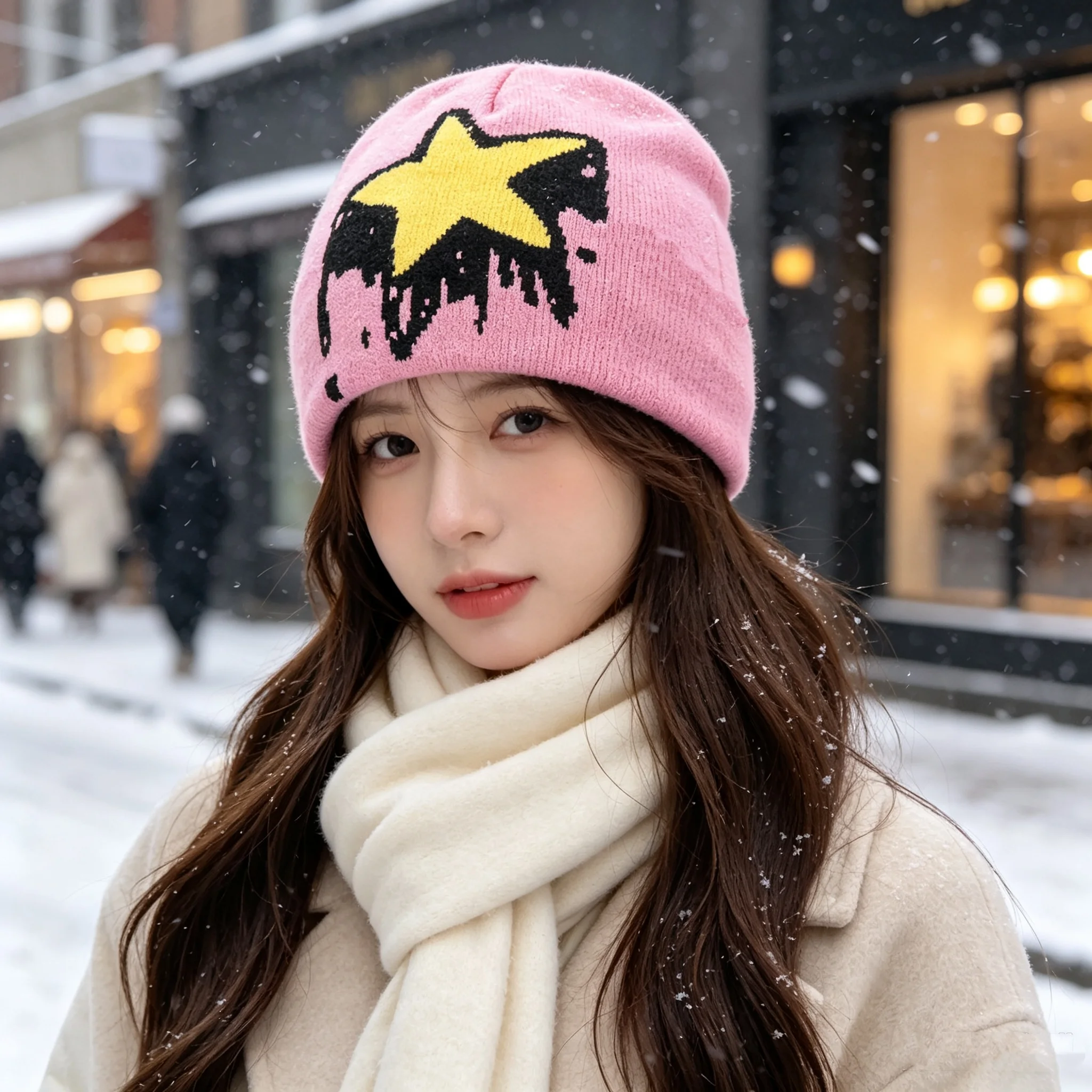 Y2K Style Yellow Five-Pointed Star Dripping Black Pattern Knit Pullover Hat, Unisex Street Style Jacquard Beanie, Winter Daily Street Photography Warm Hat