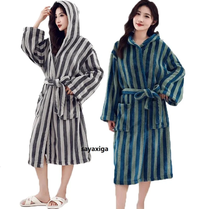 

Thick Women Warm Bathrobe Solid Hooded Warm Ladies Hooded Dressing Gown Long Sleeve Flannel stripe Bath Robe For Female pyjamas