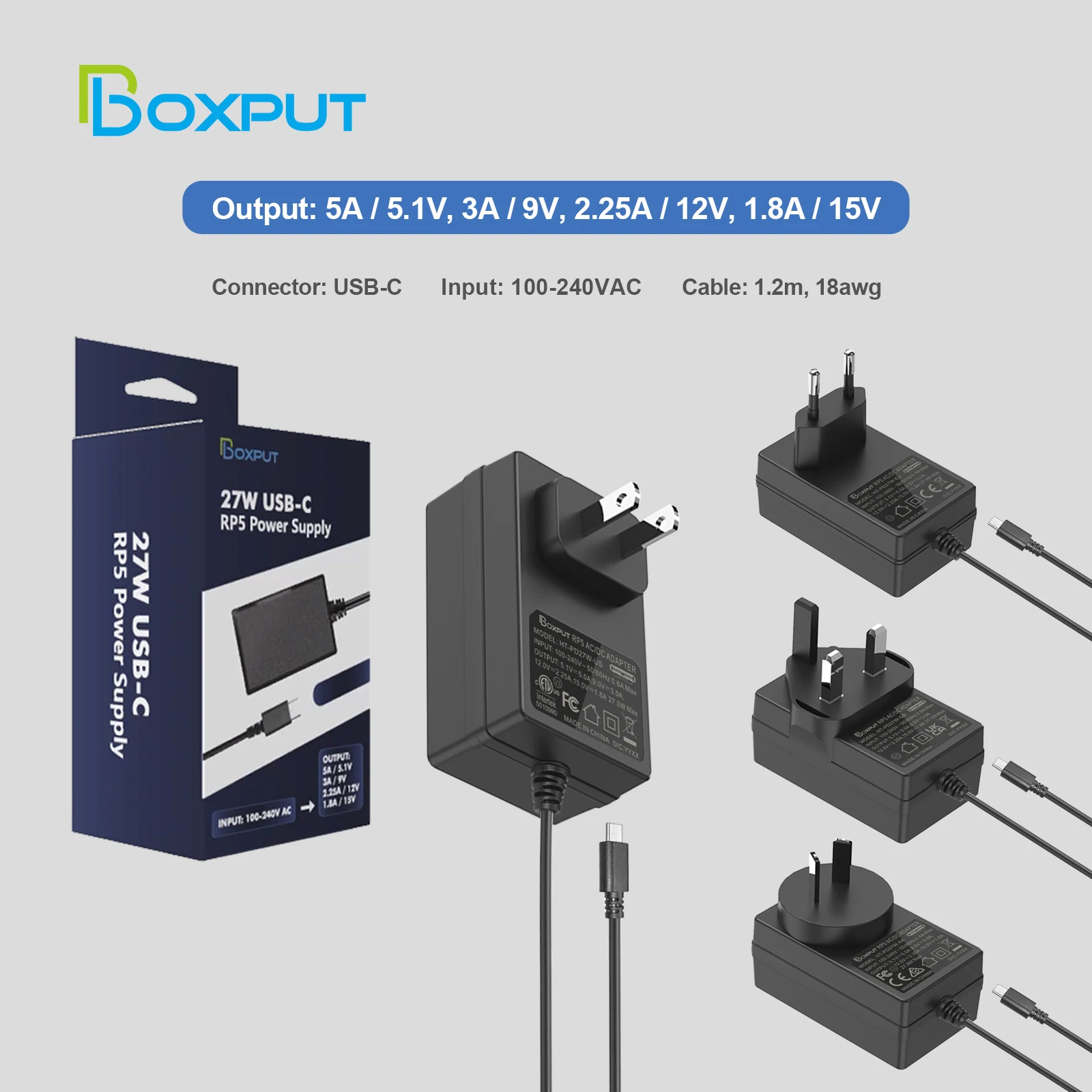 BOXPUT Power Adapter 27W USB C Power for Raspberry Pi 5  Supply 5.1V 5A Compatible for PD Charing EU US UK AU Plug