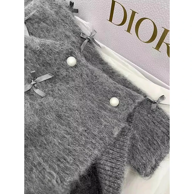 Grey Bow Sweater Women 2024 Autumn Winter French Temperament High Grade Soft Glutinous Mohair Knitted Cardigan Fragrant Coat