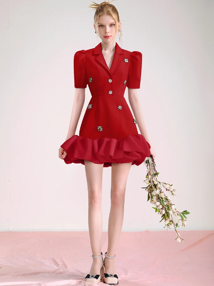 Niche Elegant Red Suit Dress Women\'s Spring and Summer New Heavy Industry Rhinestone Organza Stitching Short Sleeve Suit Dress