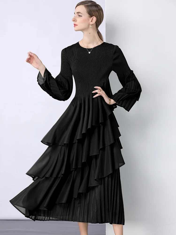 New Spring Autumn Pleated Women Dress Women Full Flare Sleeve Spliced Ruffles O-Neck Evening Party Dresses Elegant Lady Clothing