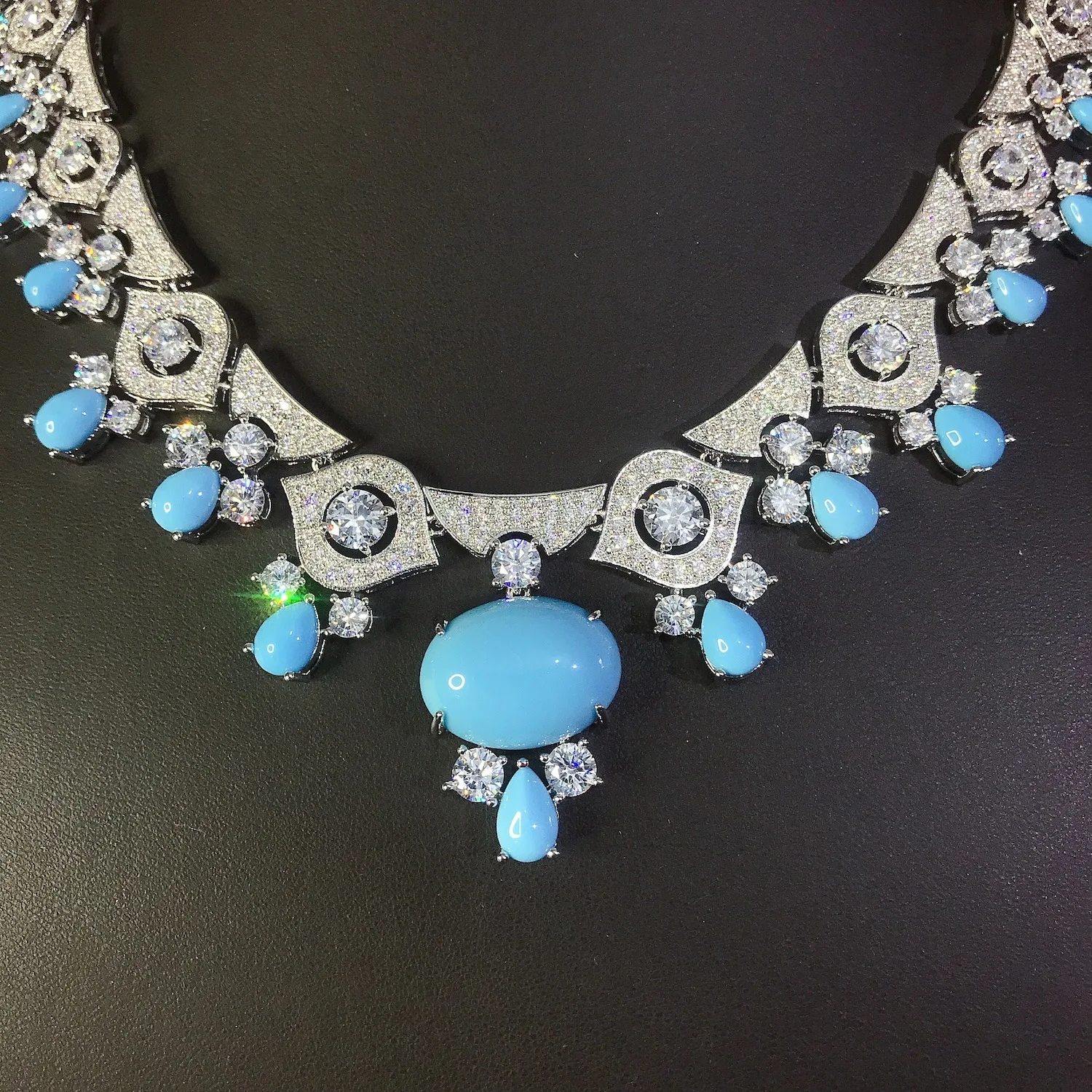 Luxury Turquoise & Zircon Necklace and Earring Set, Geometric Full Paved Crystal Jewelry Set for Women, Wedding Banquet Jewelry