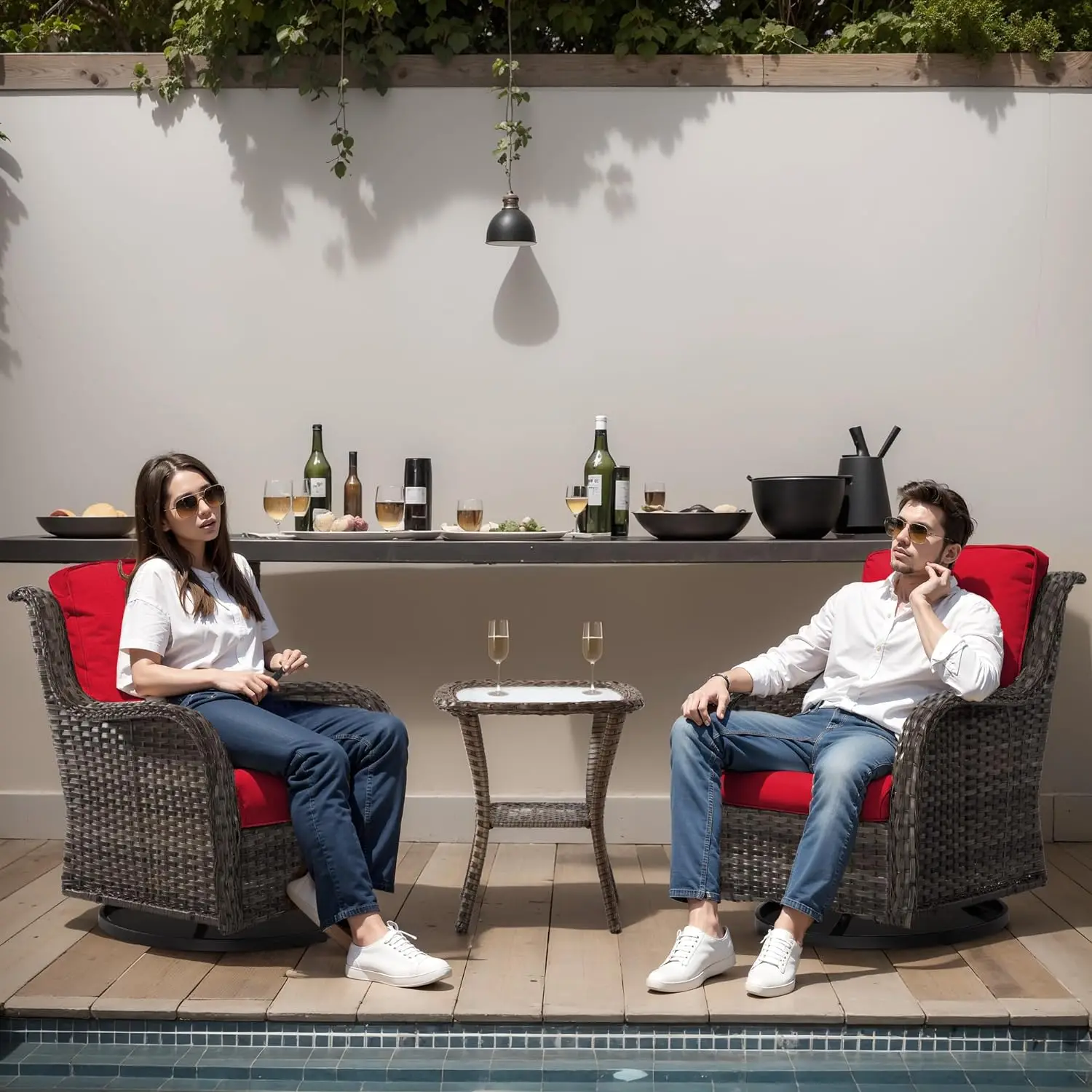 Outdoor Swivel Rocker Patio Cadeiras Set, Wicker Patio Bistro Set, Premium Fabric Cushions, 2 e Matching Side Table, 3 pcs