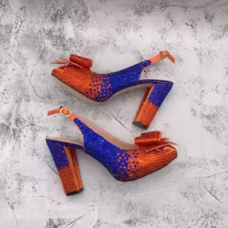 CHS1514  DHL Custom Made orange Blue Crystal Bow Slingbacks Block Heel Women Shoes High Heels Dress Pumps Bridal Wedding Shoes