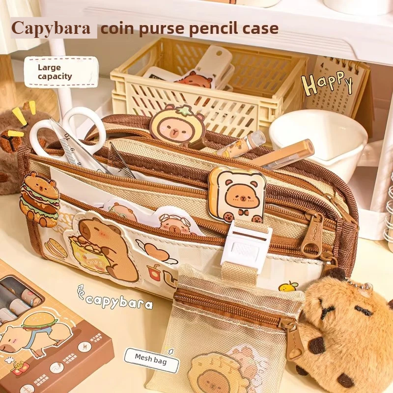 

Cute capybara pencil case, school supplies, large capacity pencil case, equipped with capybara pins, plush stickers, and notepad