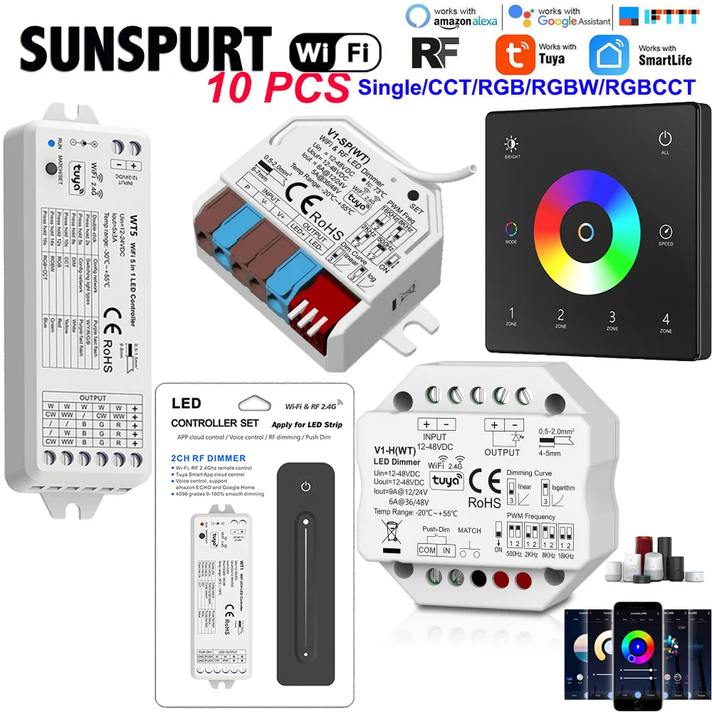 

5in1 WiFi Smart LED Controller 5050 RGB+CCT RGBCW Strip Light Dimmable 12V 24V Tuya Smart Life APP Voice Control fr Alexa Google