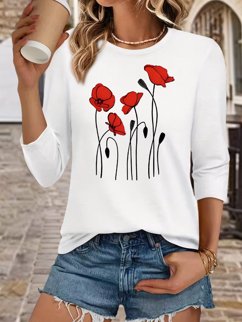 Women Summer Crew Neck T-shirt, Minimal Poppy Flower Line Drawing Print, Soft Casual Botanical Basic Tee for Ladies