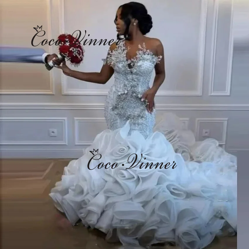 

Customized Sleeveless Bright 3D Lace Embroidery Luxury Mermaid Wedding Dress Plus Size Organza Ruffles Wedding Dresses W1477