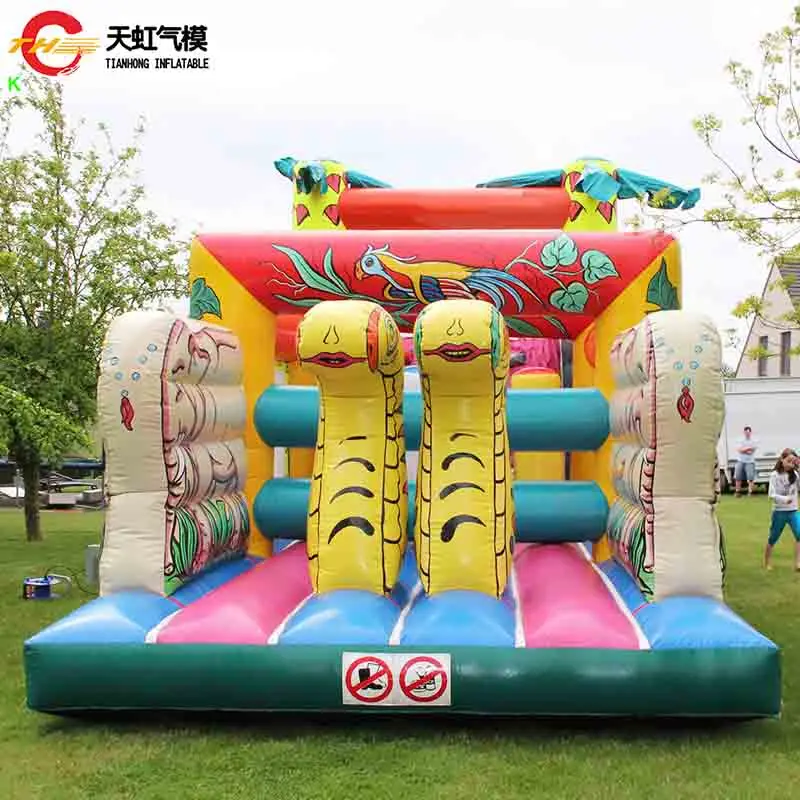 Livraison rapide 13x3m toboggan gonflable thème forêt videur gonflable parcours d'obstacles jeu de Sport avec ventilateur