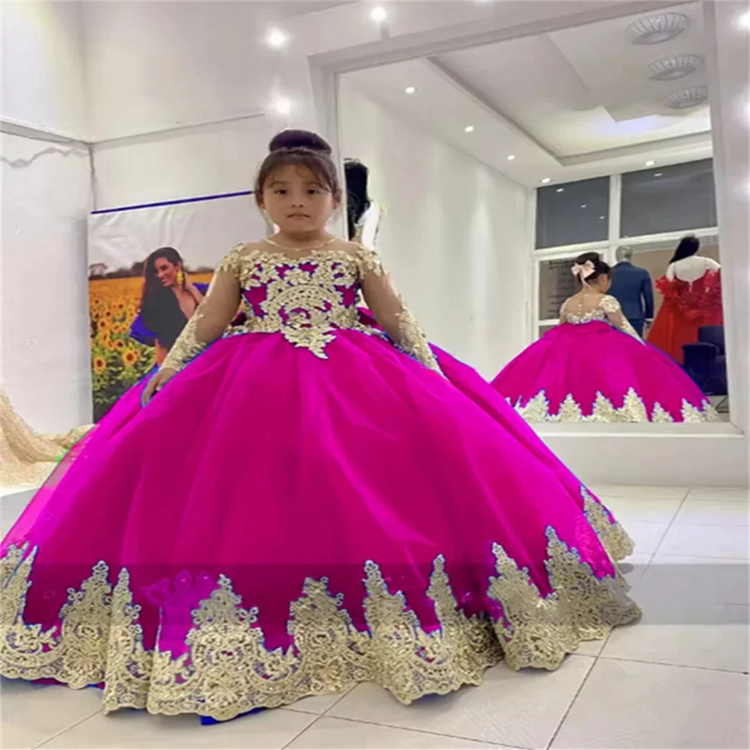 Customized Royal Blue Flower Girl Dresses For Wedding Puffy Gold Appliques With Bow Elegant Kids First Communion Festive Gown