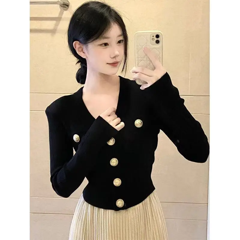 Black V-Neck Knitted Open Cardigan Women's Winter Outerwear Easy to Wear Base Shirt Top French Style Loose Fit Long Sleeve