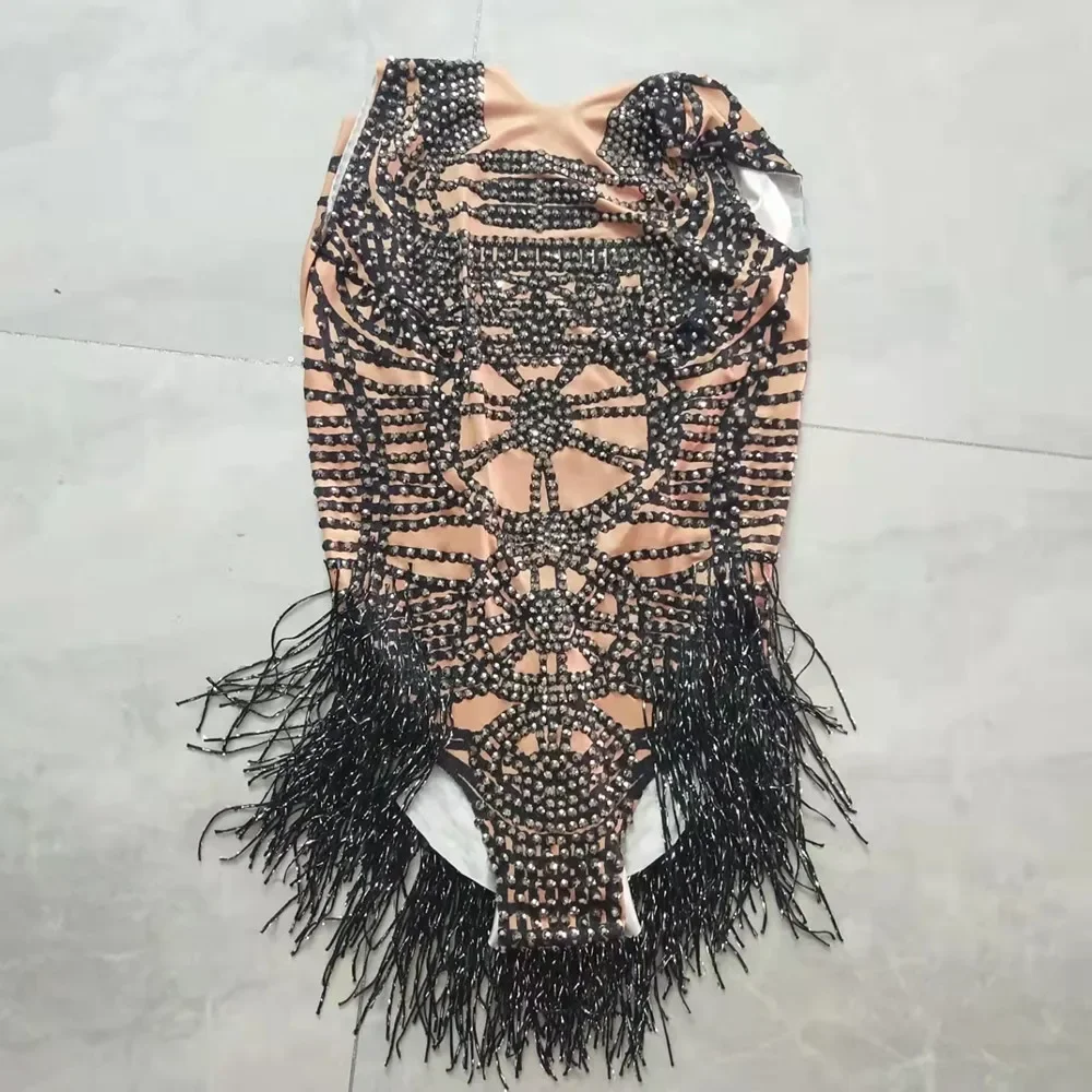 

Женский танцевальный комбинезон с серебряными стразами и блестками, кисточками, эластичный танцевальный комбинезон с бахромой, Клубный DJ, певица, купальник, сценический танцевальный костюм