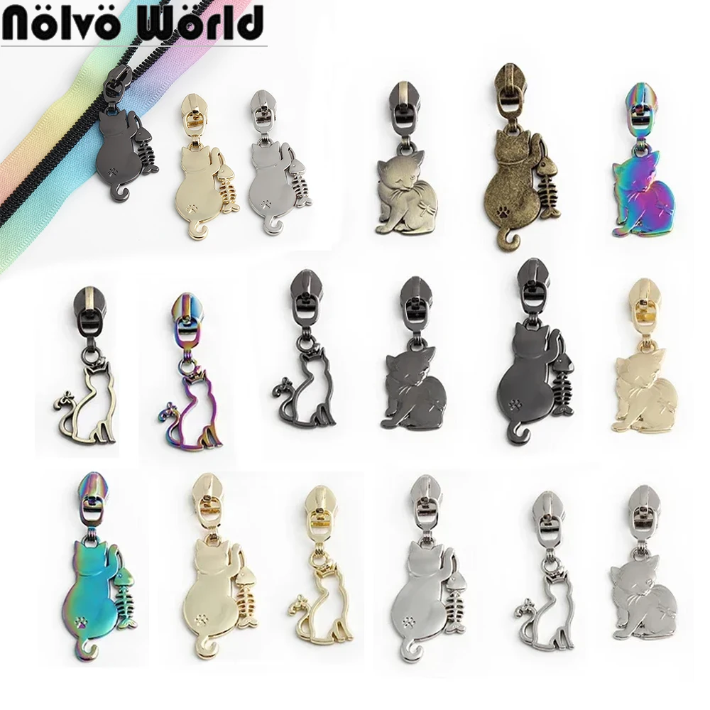 20-50PCS Cat Shape 5# Nylon Double-Sided Metal Zips Puller Head For Outdoor Coats Jackets Wallet Bags Slider Puller Accessories