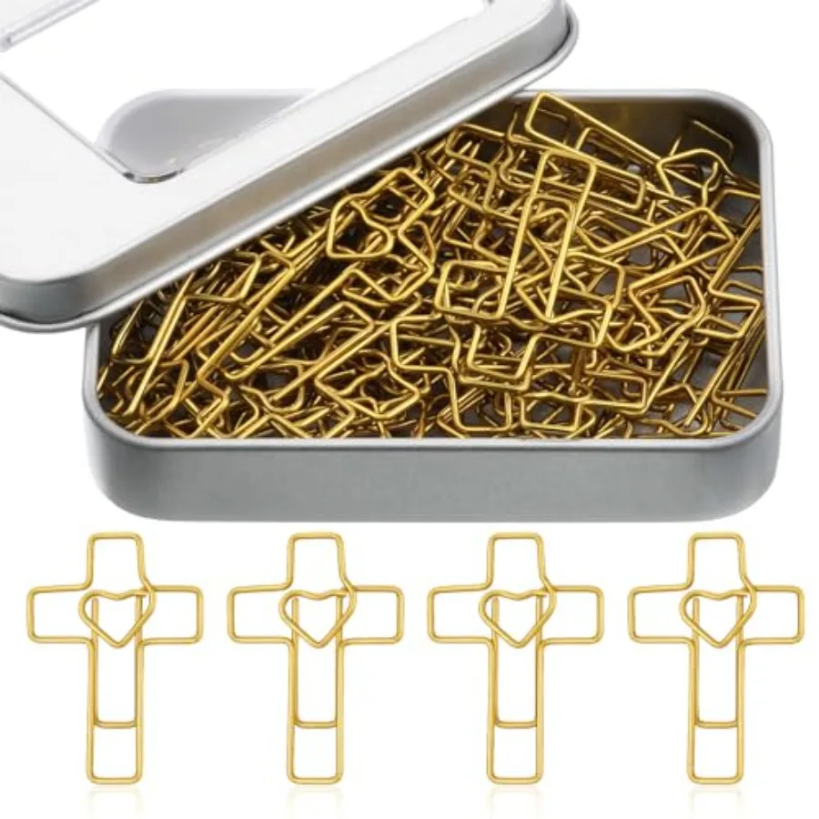 

50Pcs Gold Heart Cross Paper Clips Bible Study Supplies Christian Gifts for Women and Teachers, Easter Egg Fillers, Valentine's