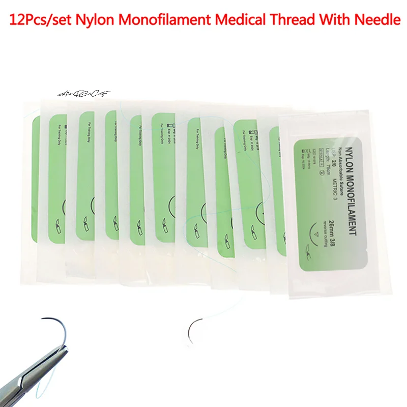 12Pcs Polypropylene Monofilament Medical Thread Set with Needles Surgical Suture Training Practice Kit for Medical Students