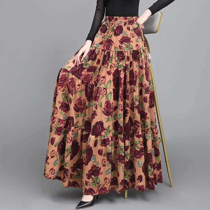 花柄のロングシフォンスカート,自由奔放に生きるスタイル,伸縮性のあるウエスト,大きいサイズ,足首の長さ,新しい夏のコレクション2024