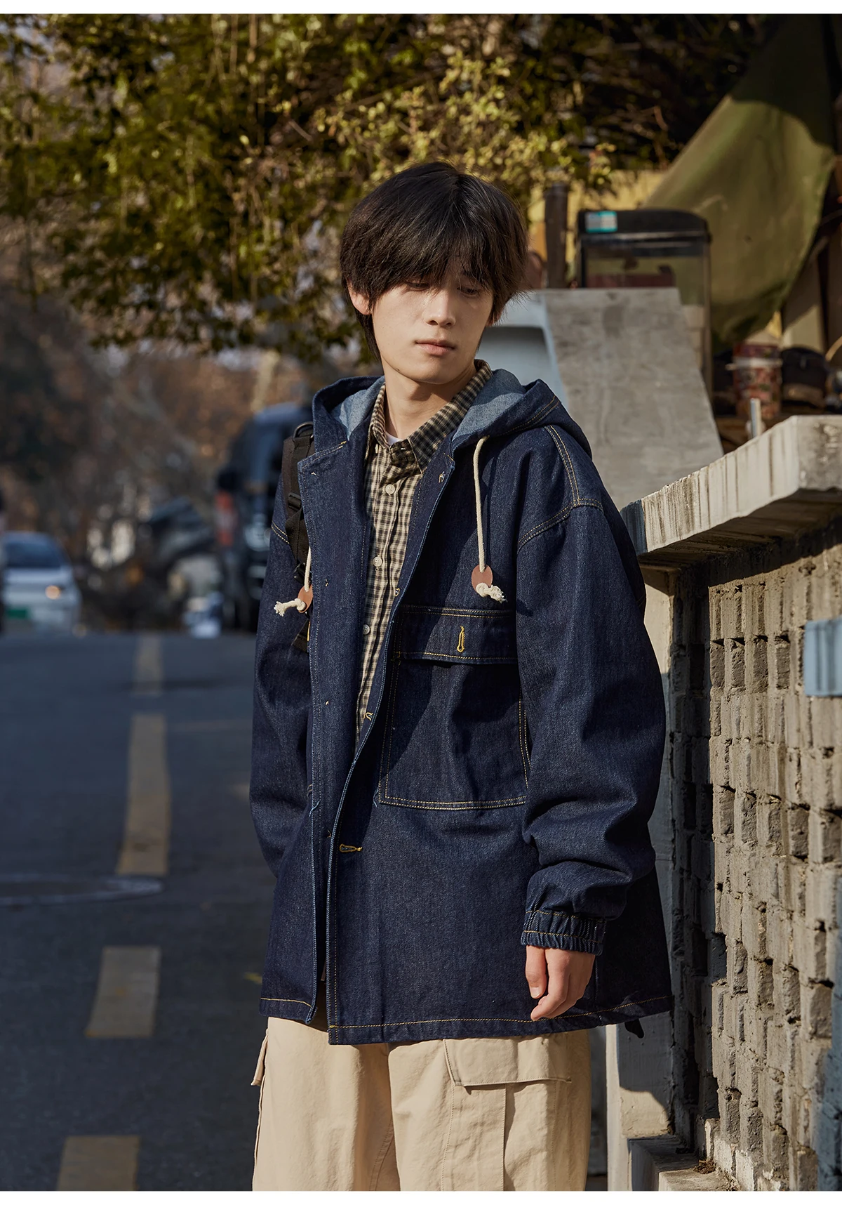 الربيع والخريف اليابانية الرجعية نمط الرجال الأزرق فضفاض عارضة الحد الأدنى تصميم واحدة الصدر مقنعين سترة الدنيم