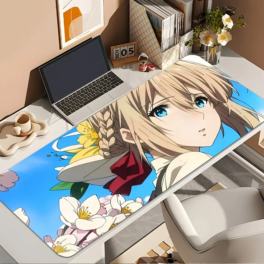 Aesthetic Cute Flower Girl Mouse Pad, Blonde Blue Eyes Anime Style Extended Desk Mat, Non-Slip Smooth