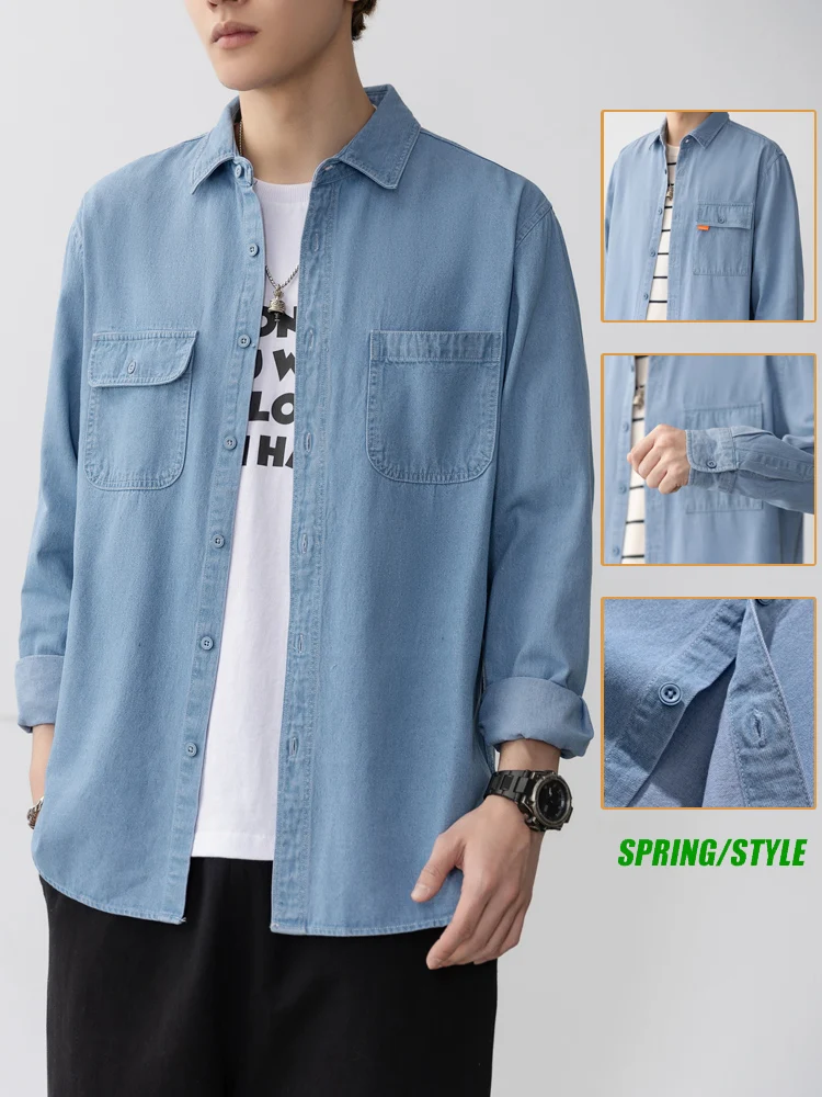 

Autumn New Men's Loose Fit Casual Long Sve Denim irt Jaet Cotton Polyester Blend Youth Trendy Sle Spring Wear