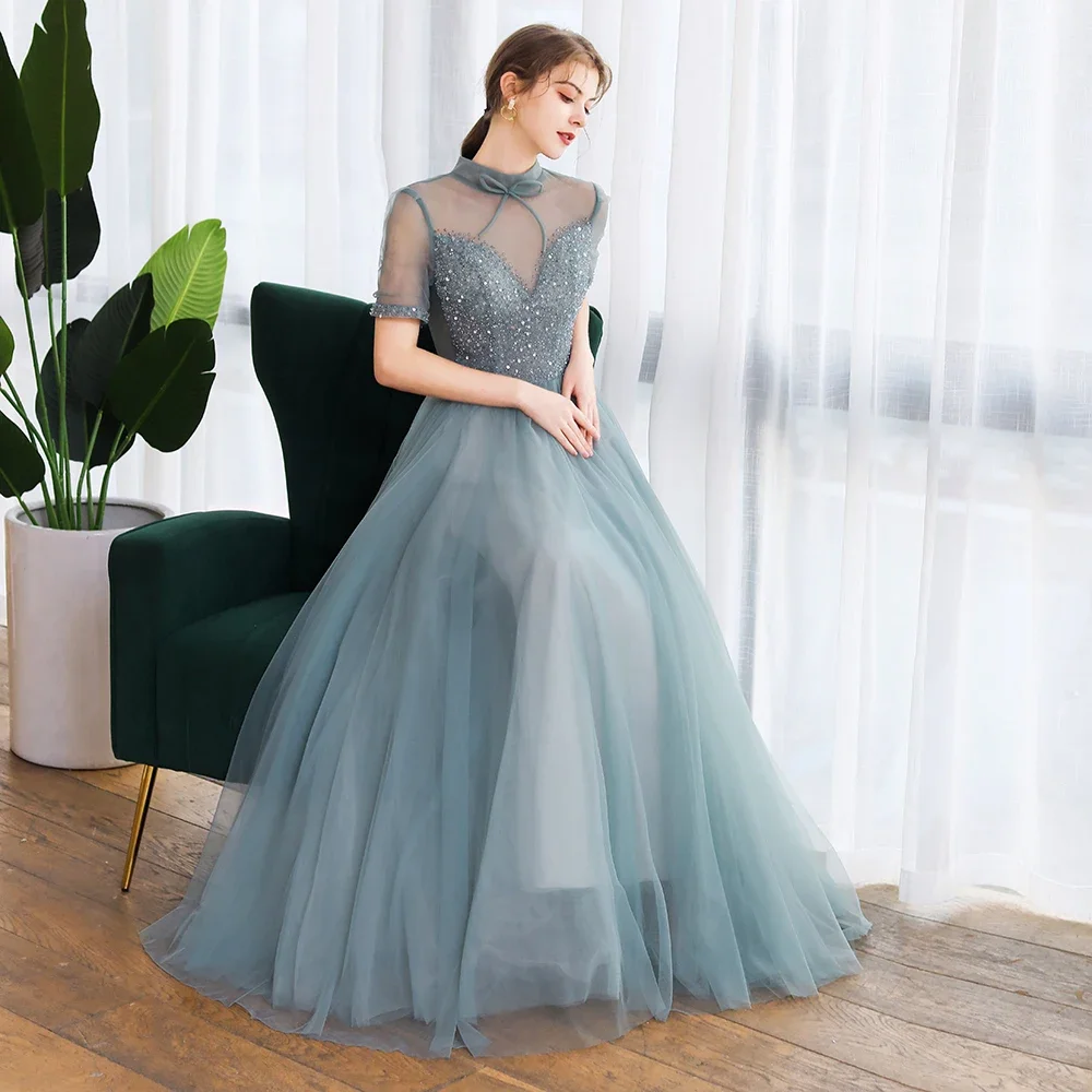 Clearance Sale Banquet Elegant Evening Dress High-neck Short Sleeve Sequins Beading A-line Prom Formal Gowns Vestido De Noche