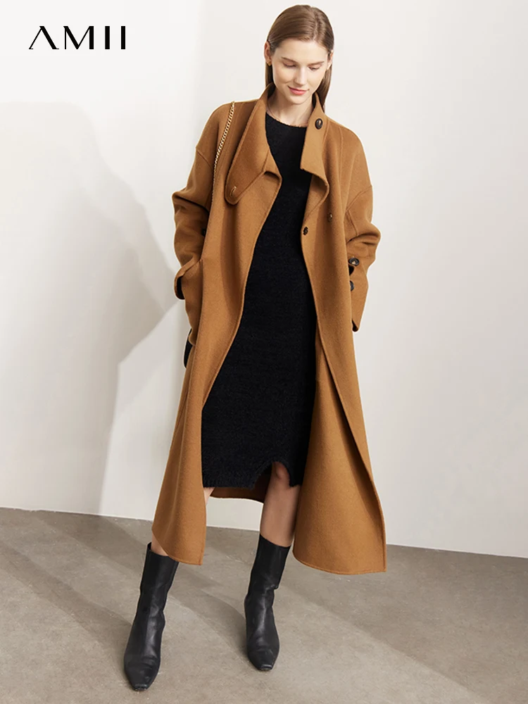 AMII Minimalism  Wool Coat Women 2022 Winter New Stand Collar French Style Belt Design Warm Commuter Long Clothing Tops 12241111