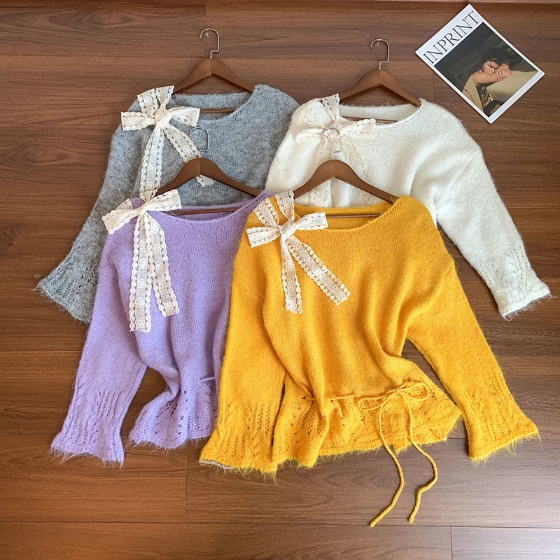 

Осенний новый однотонный свитер с узлом-бабочкой, милый нежный стильный свитер, женский свободный удобный утягивающий пуловер