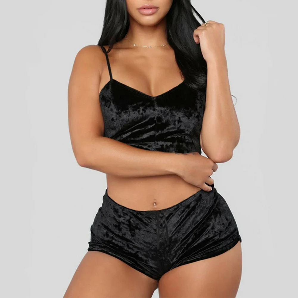 2 teile/satz Damen Samt Polyester bequeme V-Ausschnitt Unterwäsche Crop Top Shorts Pyjama Set Homewear ärmellose Top Shorts Camis – Detail 5