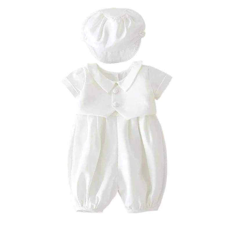 

2024 Infant Short Sleeve Lapel Gentleman Bodysuit Set Baby Boy Ramadan Romper Muslin Kids Summer Christening Clothes with Hat