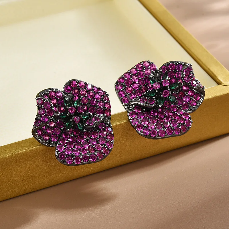 FXLRY Luxury Cubic Zirconia Red And Purple Flower Stud Earrings For Women Wedding Party Earing Jewelry