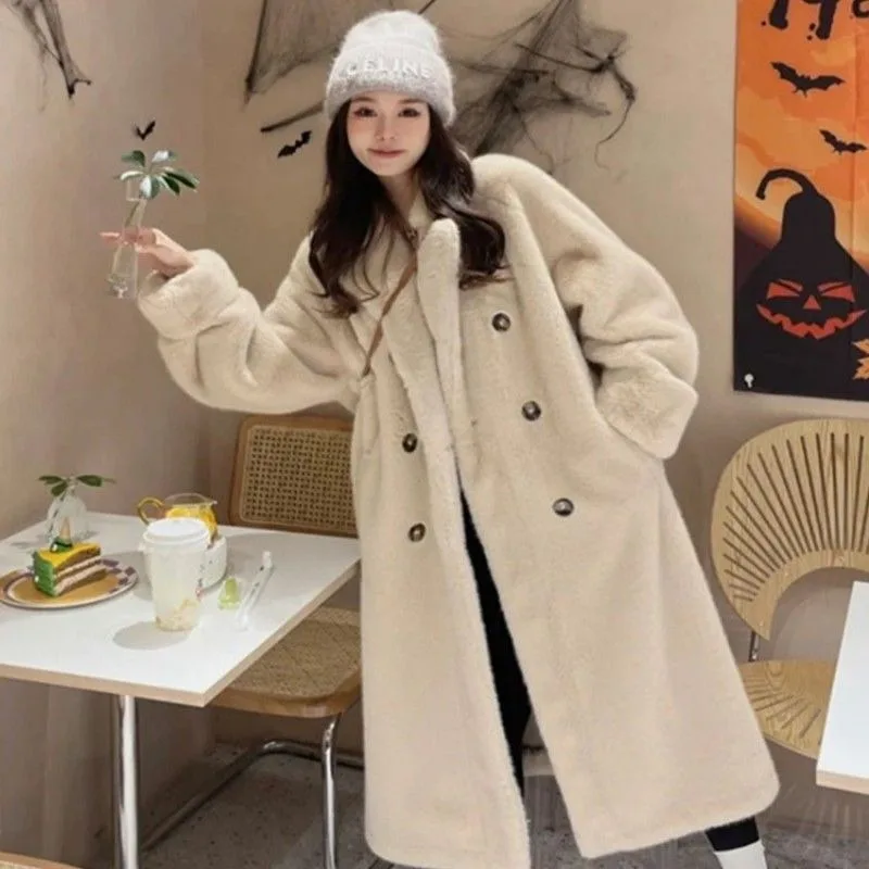 Solid Color Pink Apricot Soft Lazy Thicker Elegant Temperament Hepburn Ladies Trendy Wool Coat Straight Blends for Women Warm