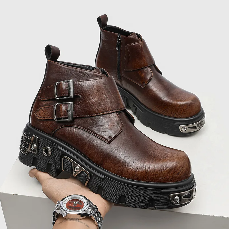 men's fashion punk stage platform boots designer natural leather shoes cowboy ankle boot spring autumn motorcycle botas hombre view 4