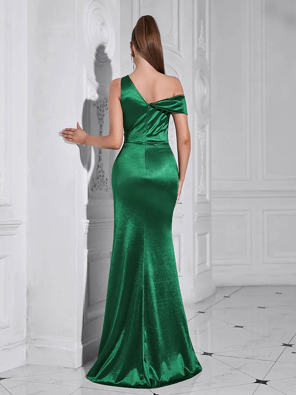 2024 Sexy Vrouwen Groene Maxi Jurk Met Diagonale Kraag Schoudermouw Bodycon Gedrapeerde Split Lichaam Lange Jurk Avond Feest Vestido