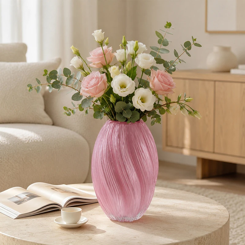 Creative Pink Twisted Ribbed Glass Vase Water Storage Fresh Flower Arrangement Living Room Entryway Home Floral Decor Container