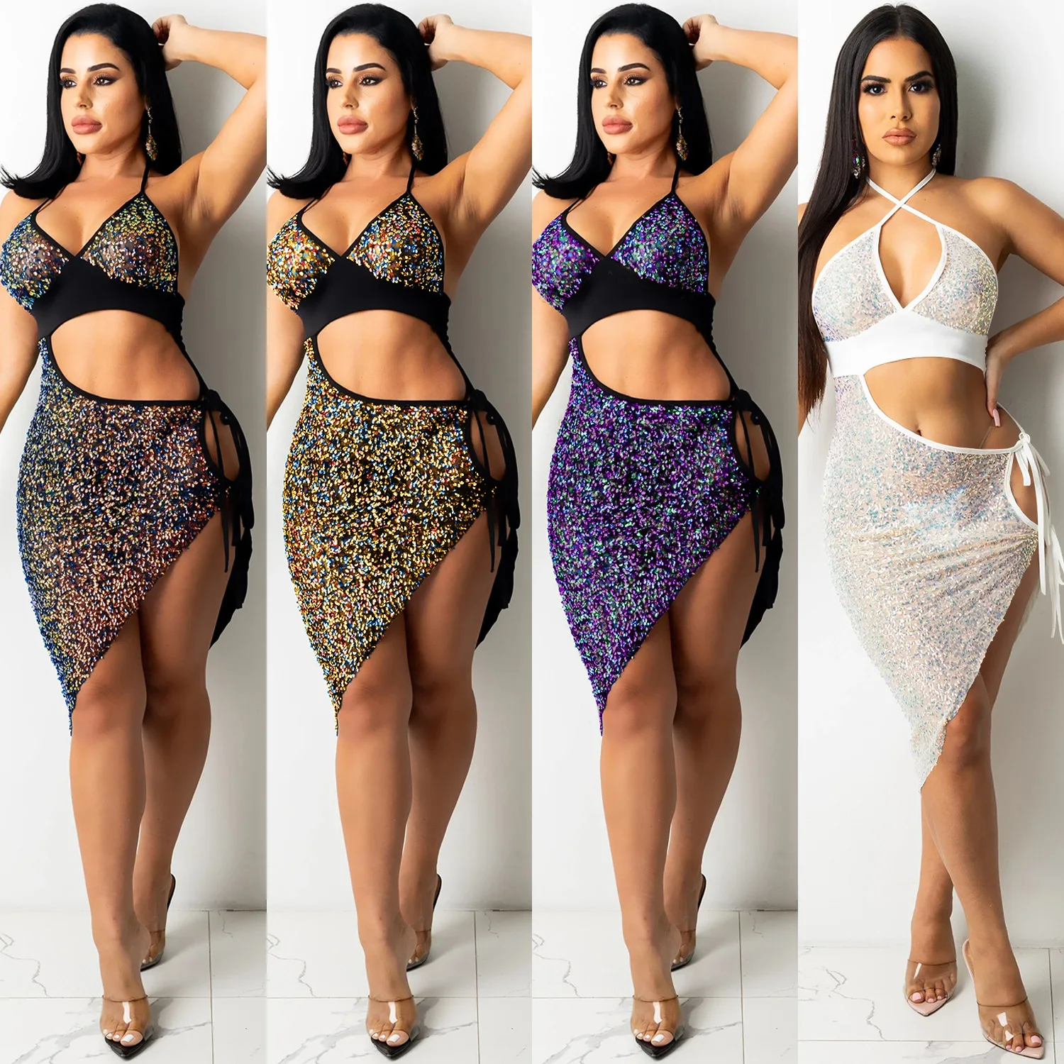 Sexy C5309 Strapl ort Dr Découpes scintillantes Ele imprimé à pois Pas d'échange Pas de retour Wi Faion transfrontalier