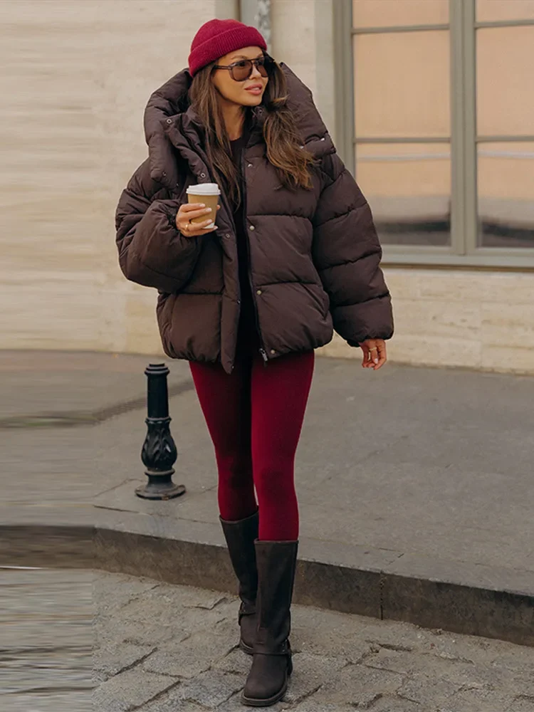 Damen-Wintermäntel mit Kapuze, Stehkragen, Taschen, gefütterte Jacken, Herbst-Damen-Laternenjacke mit langen Ärmeln, einfarbiger, voluminöser Mantel, neue Oberbekleidung. – Detail 10