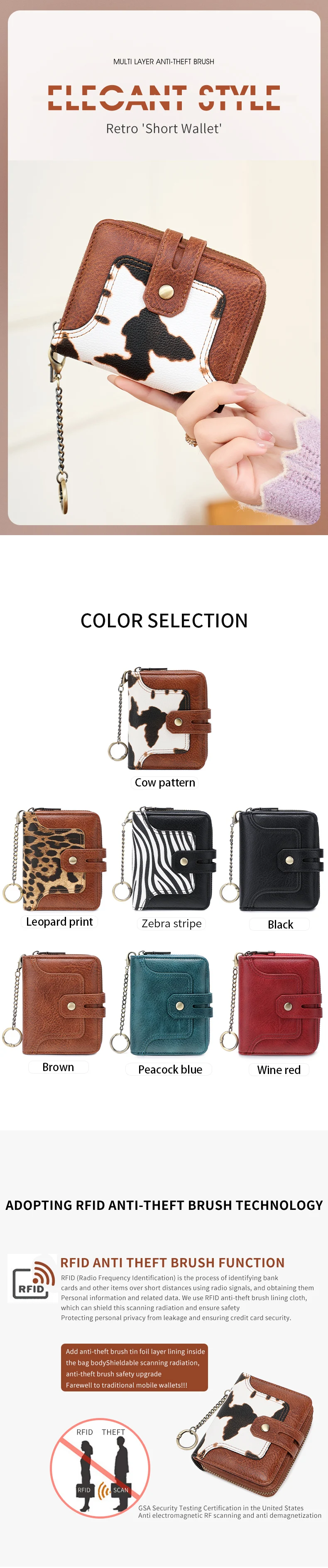 Minimalistische Damen-GeldbörseRFIDShielded Bifold Short Credit Card Holder PULeather Multifunktionale Geldbörse mit Reißverschluss und Schlüsselanhänger – Detail 1