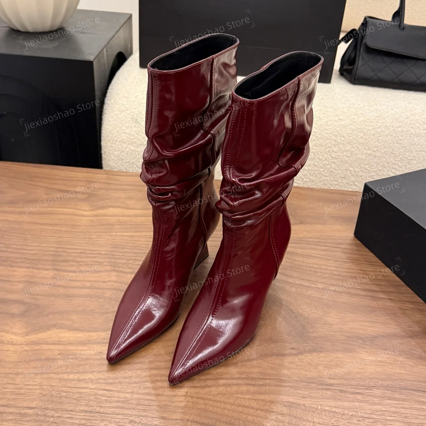 Desinger Top Quality Handmade Genuine Leather Pointed-Toe Wedges Mid-Calf Boots Zapatos De MujerWoman Slouch Boots Denim Pumps