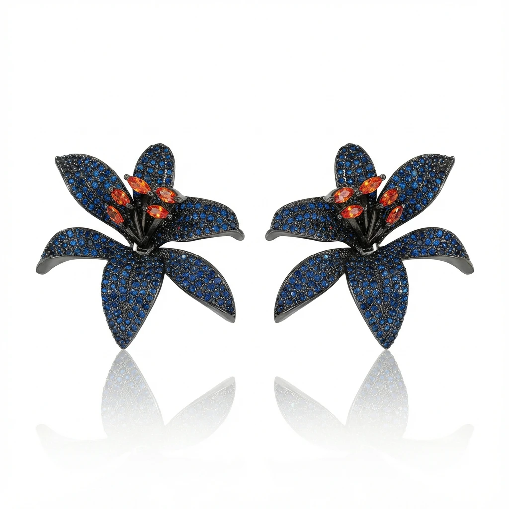 SENYU Black Gold Plated Lily Flower Earrings Paved Blue Cubic Zirconia Petals with Orange Stamens Trendy Jewelry for Women